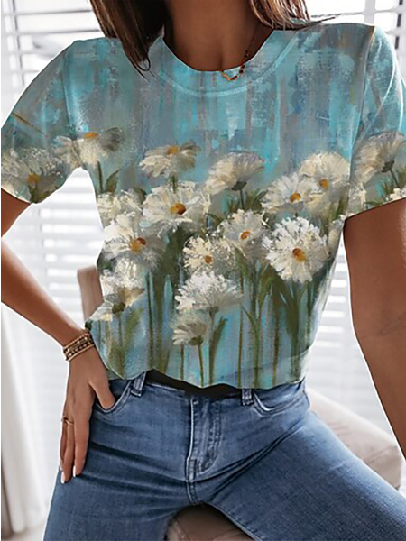 

Crew Neck Vintage Floral Short Sleeve T-Shirt, Multicolor, T-Shirts