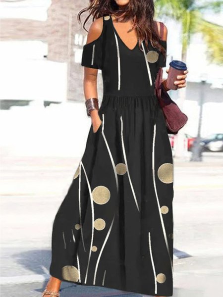 V Neck Striped Casual Short Sleeve Knit Dress, Black, Maxi Dresses