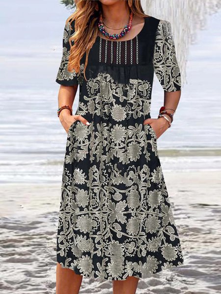 

Crew Neck Floral Short Sleeve Woven Dress, Black, Midi Dresses