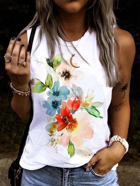 

Casual Floral Sleeveless Crew Neck Loosen Knit, White, Tank Top