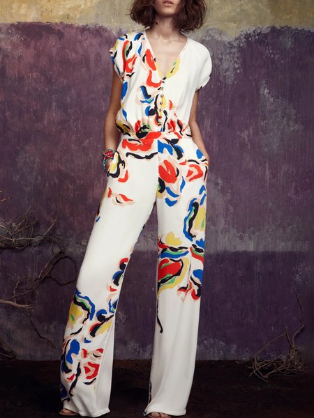 

Statement Loosen V Neck Daily Jumpsuit, Multicolor, Jumpsuits