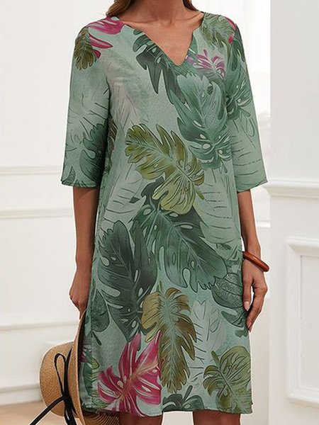 

Casual V Neck Leaves Short Sleeve Woven Dress, Flower, Mini Dresses