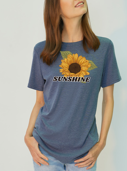 

Sunshine Sunflower Crew Neck Casual Tencel Fiber Letter Short Sleeve Tops, Blue, T-shirts