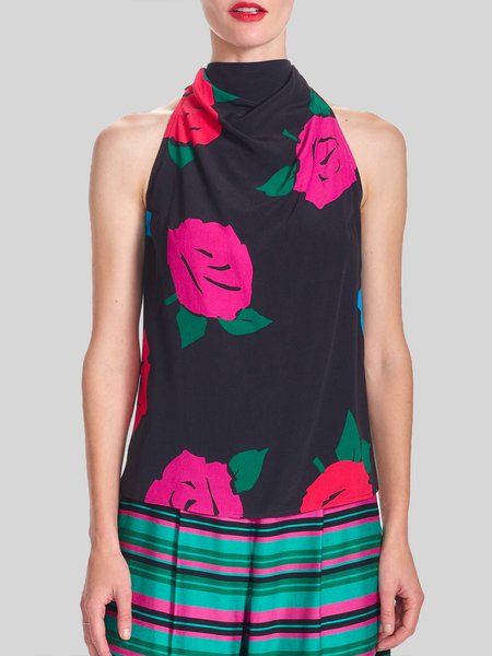 

Daily Halter Floral Elegant Short Sleeve Top, Black, Tops
