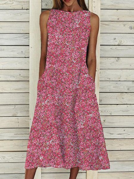 Buy Casual Crew Neck Floral Sleeveless Woven Dresses, Midi Dresses, Zolucky, Rose Red