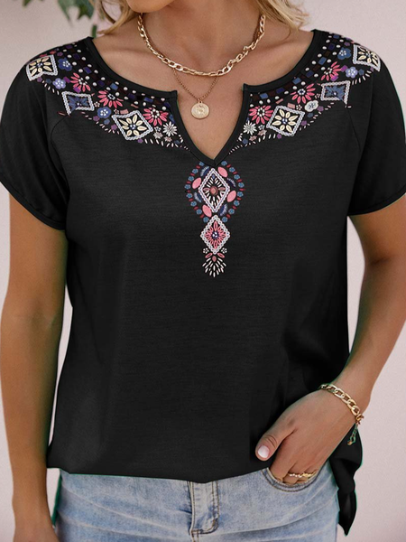 

Notched Floral Vintage Short Sleeve T-Shirt, Black, T-Shirts