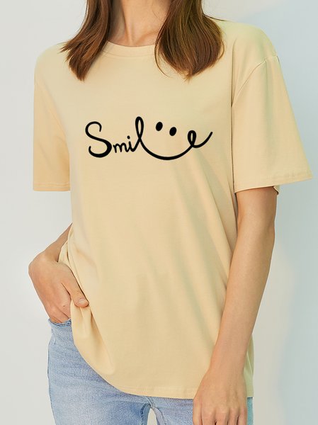 

Women's Antimicrobial Bamboo Fabric Smile Letter Crew Neck Short Sleeve T-Shirt, Apricot, T-shirts