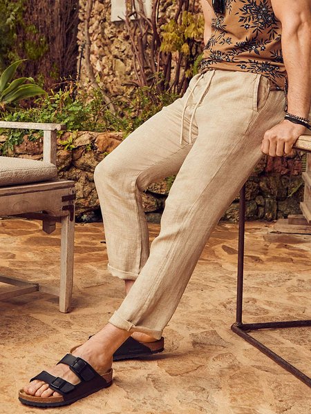 Men's Elastic Waist Cotton Linen Casual Pants, Brown, Pants