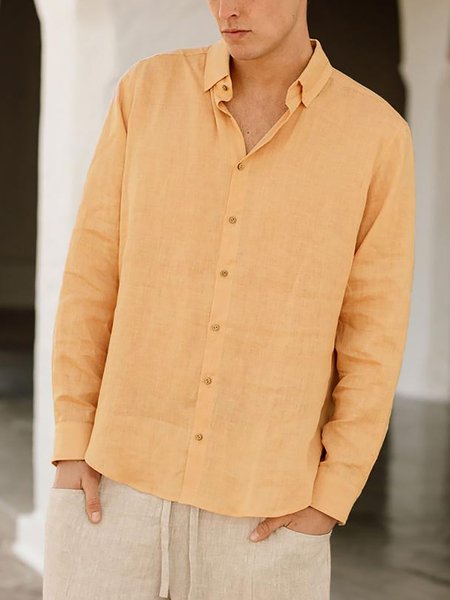 

Cotton And Linen Vacation Long Sleeve Lapel Long Sleeve Shirt, Yellow, Shirts ＆ Blouse
