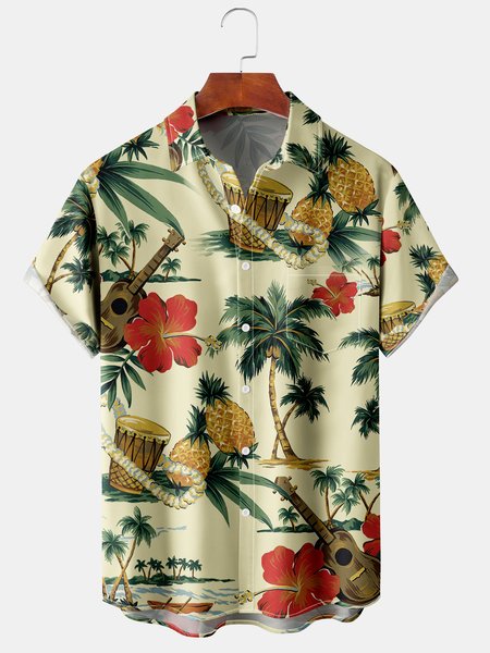 

Men's Vintage Coconut Tree Guitar Print Casual Breathable Hawaiian Short Sleeve Shirt, Yellow, Men's Floral shirt