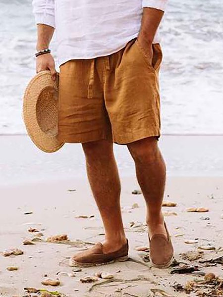 

Men's Elastic Waist Cotton Linen Casual Shorts, Deep brown, Shorts