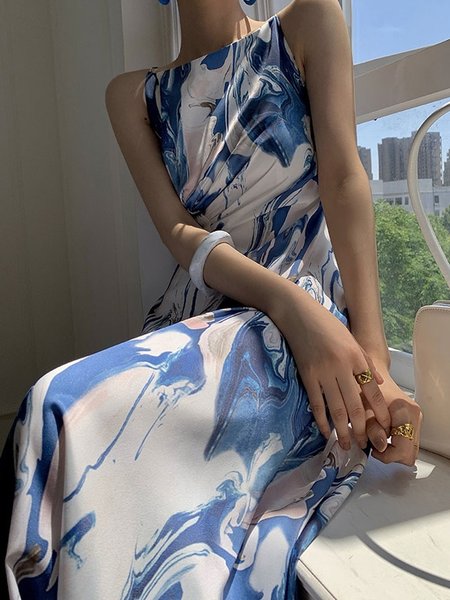 

Abstract Boat Neck Regular Fit Sleeveless Woven Dress, Blue, Midi Dresses