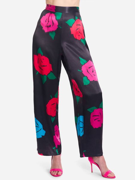 

Floral Daily Elegant Regular Fit Satin Pants, Black, Wide Leg Pants