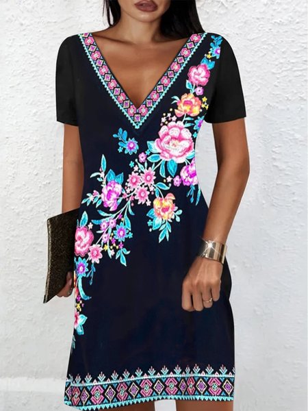 

Floral Printed Casual Short Sleeve V-neck Mini Dress, Black, Dresses