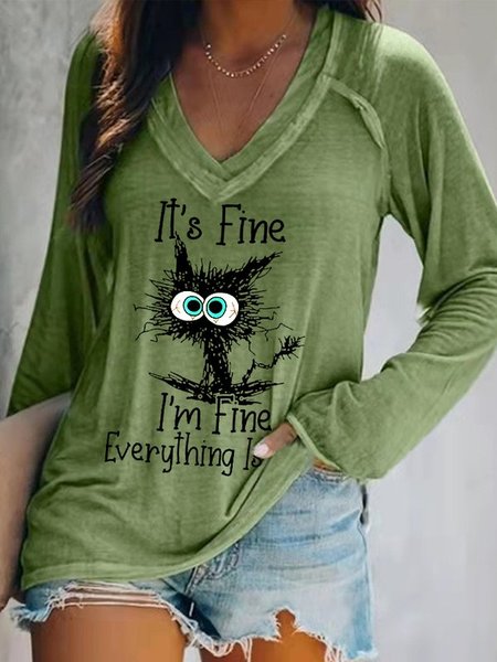 

Women's It's Fine I'm Fine V-Neck Long Sleeve Tops, Green, Long sleeves