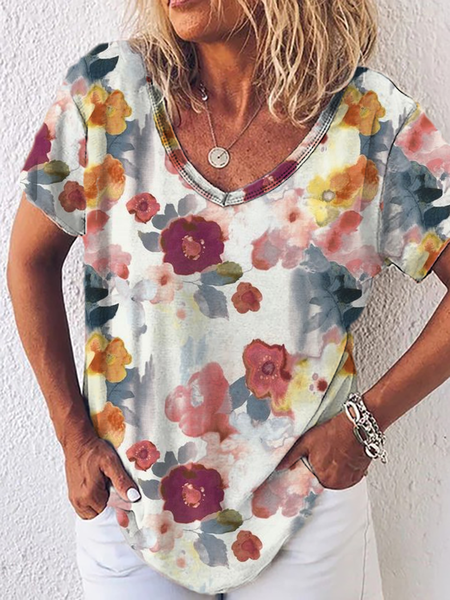 

Casual V Neck Short Sleeve T-Shirt, Flower, T-Shirts
