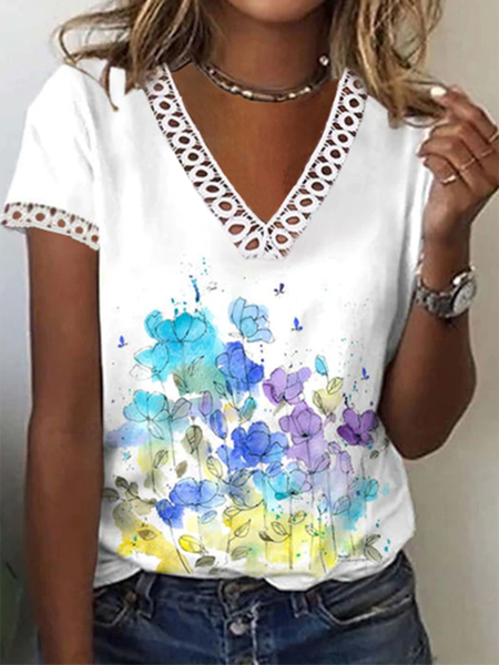 

Floral Loosen Casual Short Sleeve T-Shirt, White, T-Shirts