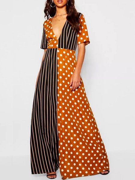 

V Neck Polka Dots Striped Half Sleeve Dress, Multicolor, Maxi Dresses