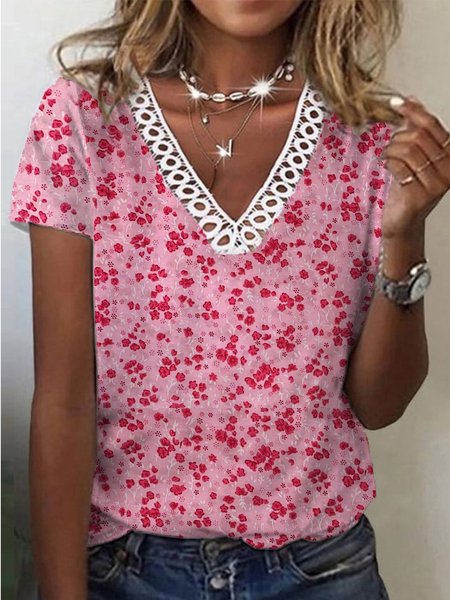 

Regular Fit V Neck Floral Short Sleeve T-Shirt, Flower, T-Shirts
