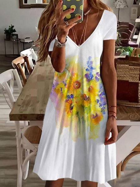 

Casual V Neck Short Sleeve Dress, White, Mini Dresses