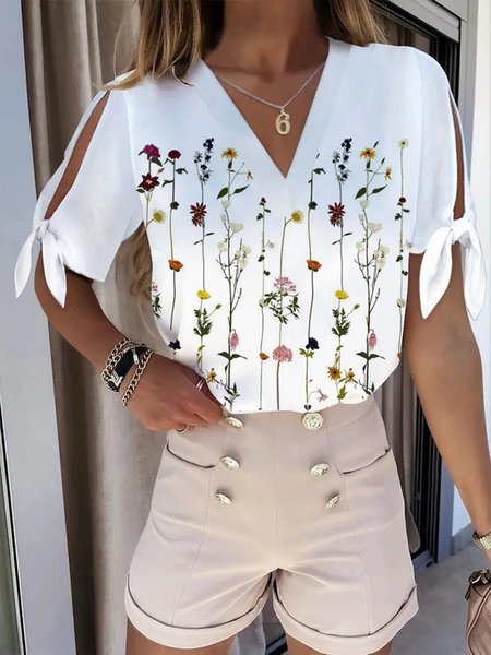 

Casual Floral V Neck Short Sleeve Loosen Tops, White, Tops