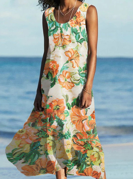 

Floral U-Neck Vacation Sleeveless Woven Dresses, Multicolor, Dresses