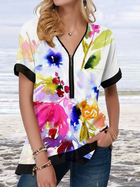 

Vacation V Neck Short Sleeve Tops, Multicolor, Shirts & Blouses