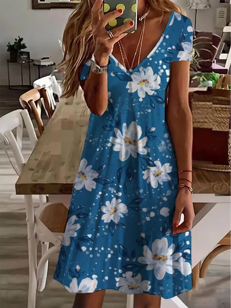 

Casual Floral V Neck Short Sleeve Knit Dress, Blue, Mini Dresses