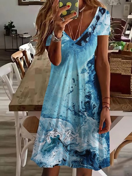 

Casual Sea Short Sleeve V Neck Plus Size Printed Dress, Blue, Mini Dresses