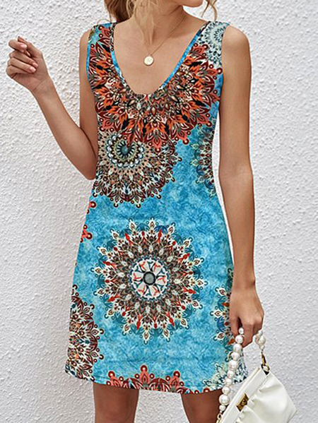 

Blue Floral Mandala V-Neck Sleeveless Resort Dress Vacation V Neck Sleeveless Knitting Dresses, Dresses
