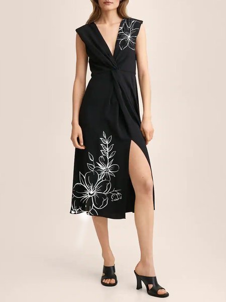 

Vacation V Neck Sleeveless Woven Dresses, Black, Midi Dresses