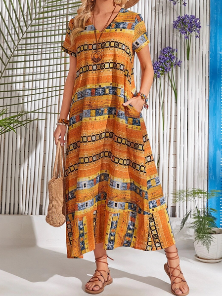

Tribal Short Sleeve Woven Dress, Orange, Dresses
