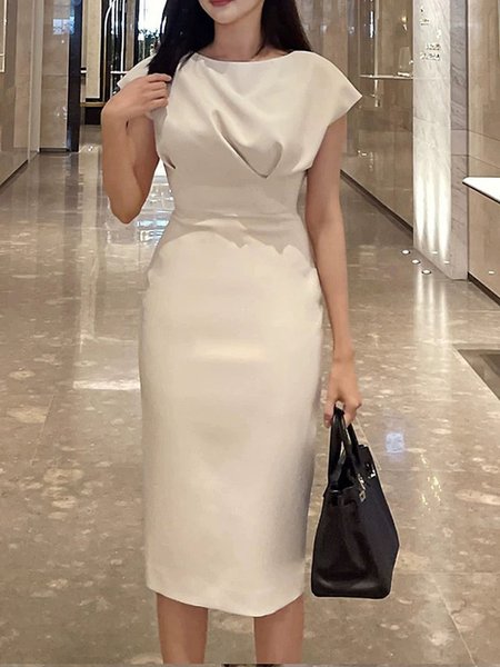 

Summer Crew Neck Lightweight Elegant Slim Fit Short Sleeve Woven Dress, White, Midi Dresses