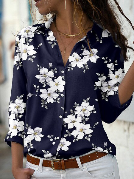 

Loosen Shirt Collar Floral Long Sleeve Blouse, Purplish blue, Blouses & Shirts
