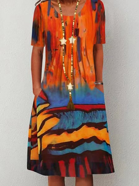 

Scoop Neckline Abstract Short Sleeve Woven Dress, Orange red, Midi Dresses