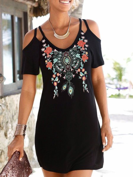

V Neck Loosen Short Sleeve Knit Dress, Black, Mini Dresses