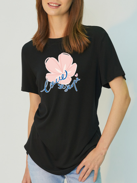 

Love and Hope Floral Tencel Fiber Casual Short Sleeve Tops, Black, T-shirts