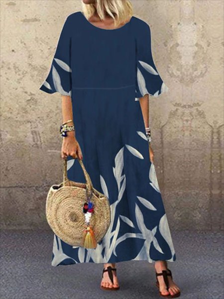 

Leaves Crew Neck Short Sleeve Casual Dress, Deep blue, Maxi Dresses