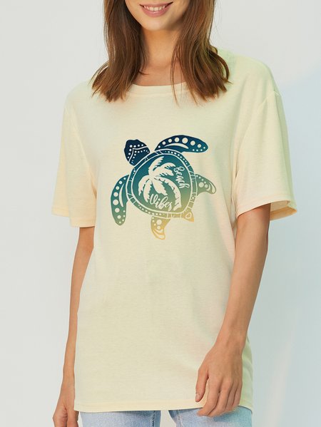 

Casual Simple Turtle Letter Print Sweat and Breathable T-Shirt, Off white, T-shirts