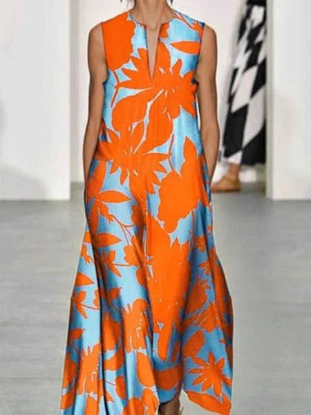 

Vacation Loosen Floral Notched Sleeveless Midi Dress, Orange, Maxi Dresses