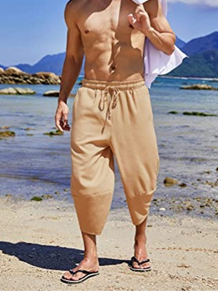 

Men's Linen Lightweight Loose 3/4 Drawstring Elastic Waist Casual Beach Shorts, Yellow, Pants