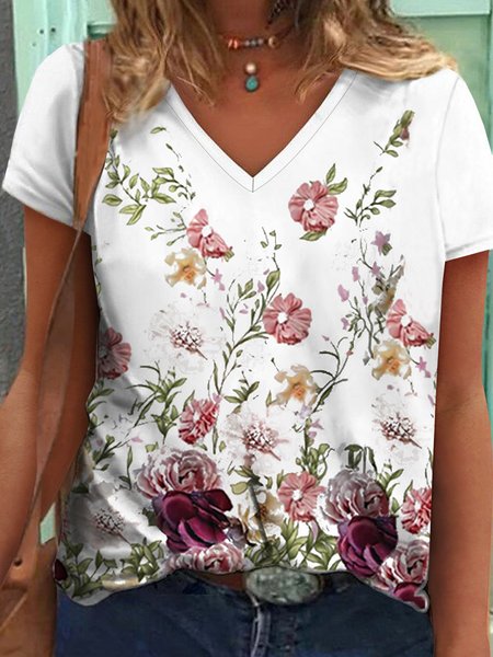 

Floral V Neck Loosen Short Sleeve T-Shirt, Flower, T-Shirts
