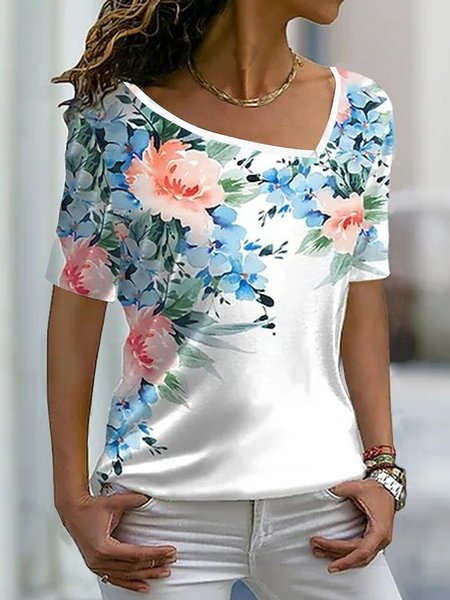 

Square Neck Casual Loosen Short Sleeve T-Shirt, White, T-Shirts