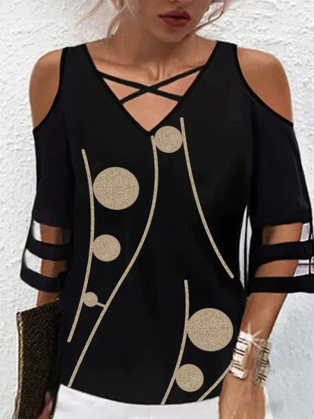 

Casual V Neck Printed Short Sleeve T-Shirt, Black, T-Shirts
