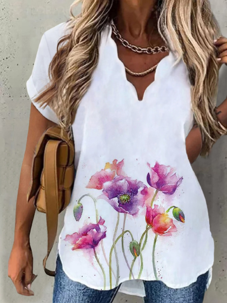 

Plus size Casual Floral V Neck Short Sleeve Tops, White, Tops