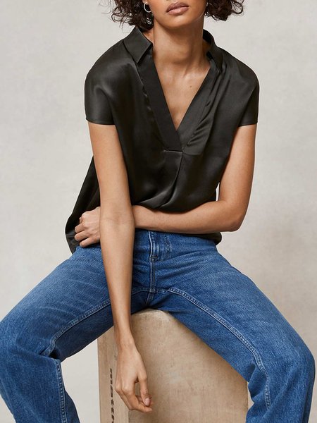 

Solid Simple V Neck Short Sleeve Tops, Black, Tops
