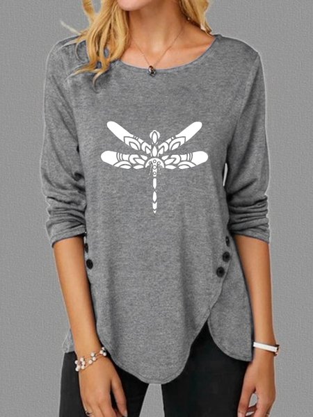 

Casual Simple Dragonfly Mandala Print Crew Neck Long Sleeve Shirt, Gray, Long sleeves