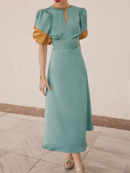 

Crew Neck Short Sleeve Woven Dress, Cyan, Maxi Dresses