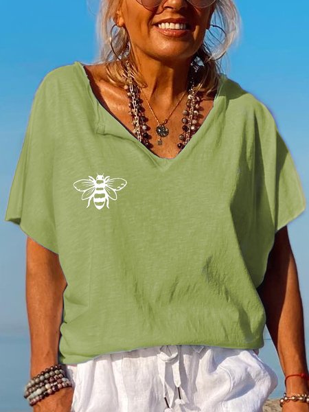 

Casual Simple Bee Print V-Neck T-Shirt, Green, T-shirts