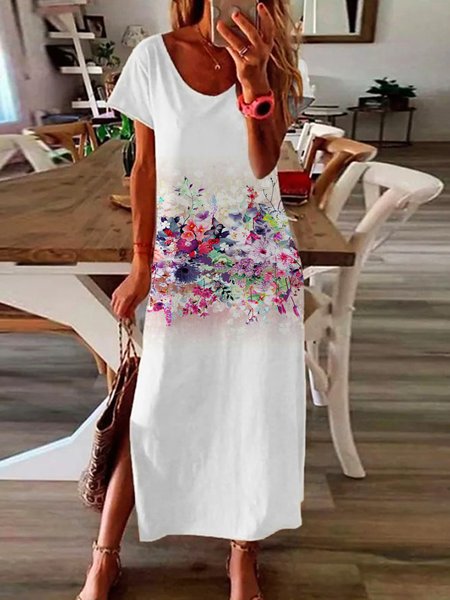 

Floral Slit Casual Round Neck Short Sleeve A-line Dress, White, Maxi Dresses
